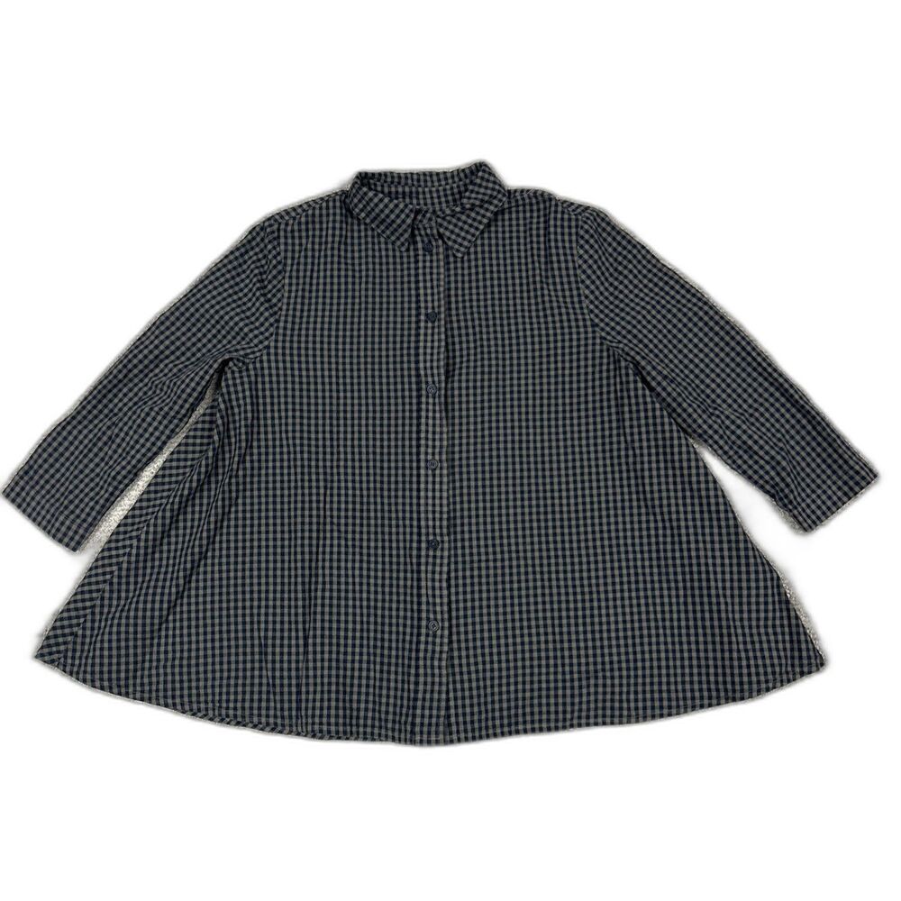Amici by Baci Shirt Womens XS Cotton Linen  Check Tan Navy Oversized New 3/4 Slv
